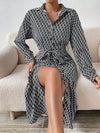Printed Tie Waist Long Sleeve Midi Shirt Dress