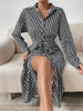 Printed Tie Waist Long Sleeve Midi Shirt Dress