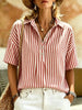 Women's Striped Short-Sleeve Shirt with Turn-Down Collar by FitiqueFit