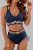 Navy Blue Ribbed Knit Tribal Contrast Detail 2pcs High Waist Swimsuit by Wild and Free Boutique