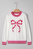 White Striped Trim Bow Graphic Round Neck Drop Shoulder Sweater by Wild and Free Boutique