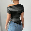 Women’s Tie-Dye One-Shoulder Mesh Ruched Top – Asymmetrical Stretch Tee for Going Out