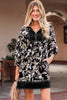 Black 3/4 Sleeve Botanical Print Split Neck Loose Mini Dress by Wild and Free Boutique
