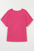 Bright Pink Textured Rolled Short Sleeve V Neck Blouse
