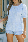 Light Blue Boho Floral Print Smocked Puff Sleeve Blouse