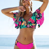 Bloom Day Ruffle Bikini Set – Chic Elegant Plant Print V-Neck Swimsuit with Tie-Back and High-Stretch Ruffle Trim – Women's 2-Piece Swimwear for Poolside Style & King’s Day Celebrations by Stevvex