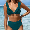 New Elegance Curve V-Neck Bikini Set – Sleek Solid Color High Waist Swimsuit with High-Cut Leg and Delicate Lettuce Trim – Stretch Comfort and Easy-Care Two-Piece Swimwear for Women’s Poolside Style by Stevvex