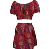 Flower Print Bubble Sleeves With Exposed Navel Short Top, Pleated Short Skirt Set by FitiqueFit