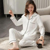 100% Cotton New Trendy Pajamas For Women Full Sleeves Pajamas Button Down Winter Sleepwear Set Women White Cotton Pajamas Women's Loose Size V-neck Home Suit Long Sleeve Wide Leg Pants Pajamas Casual Home wear by Stevvex