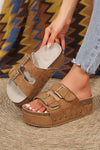 Beige Suede Buckle Decor Corky Platform Sandals