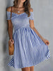 Women's Off-Shoulder Striped Waist-Cinching Midi Dress by FitiqueFit