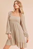 Ruffled Hem Square Neck Balloon Sleeve Mini Dress For Women - Trendy Smocked Detail, Chic Feminine Style, Perfect for Casual & Semi-Formal Occasions by Stevvex