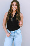 White Zip Up Mock Neck Ribbed Sleeveless Bodysuit