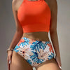 Island Bloom High Waist Bikini Set for Summer – Colorblock Tropical Print Two-Piece Swimsuit with Round Neckline Ultra-Stretch Fit & Applique Detail – Stylish and Comfortable Women’s Swimwear for Pool Beach & Summer Escapes by Stevvex