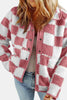 Elegant Checkered Snap Down Long Sleeve Teddy Jacket Soft & Warm Colorful Jacket by Stevvex