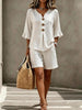 Women's Buttoned V-Neck Ruffle-Trim Top & Shorts Two-Piece Set by FitiqueFit