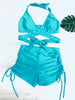 Coastal Curve Halter Bikini Set for Women – V-Neck Crisscross Drawstring Swimsuit with Chic Ring Detail & High-Waisted Boxer Shorts for Summer – Sleek Two-Piece Nylon Swimwear for Women’s Beach & Poolside Style by Stevvex
