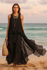 Black Asymmetrical Chiffon Maxi Dress – Flowy Sleeveless Boho A-Line Long Dress for Women by FitiqueFit