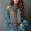 Women's Retro Cashew Print Off-Shoulder Blouse with Lantern Sleeves by FitiqueFit