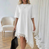Women's Lace Trim Asymmetric Three-Quarter Sleeve Dress by FitiqueFit