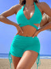 Coastal Curve Halter Bikini Set for Women – V-Neck Crisscross Drawstring Swimsuit with Chic Ring Detail & High-Waisted Boxer Shorts for Summer – Sleek Two-Piece Nylon Swimwear for Women’s Beach & Poolside Style by Stevvex