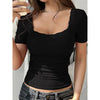 Women’s Y2K Lace Trim Slim Fit Tee – U-Neck Short Sleeve Top by FitiqueFit