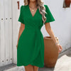 Pleated Cross V-Neck Midi Dress – Tight Waist Short Sleeve Elegant Dress by FitiqueFit