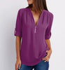 Women's Short-Sleeve Zip V-Neck Loose Top by FitiqueFit
