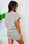 Black 2pcs Solid Textured Drawstring Shorts Set