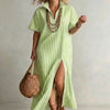 Women's Striped Slit Maxi Dress – V-Neck Short Sleeve by FitiqueFit