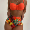 Bikini Tangerine Red Tropical Floral High Waist 2 Piece Swimsuit for Women – Stretchy Off the Shoulder Lace Up Bikini Set with Tummy Control and Customized Fit – Vibrant Summer Beachwear for Vacation Poolside and Resort Looks by Stevvex