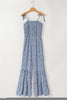 Khaki Thin Straps Smocked Bodice Wide Leg Floral Jumpsuit