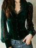 Women's Velvet & Lace Trim Top V-Neck Long Sleeve Blouse by FitiqueFit