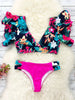 Bloom Day Ruffle Bikini Set – Chic Elegant Plant Print V-Neck Swimsuit with Tie-Back and High-Stretch Ruffle Trim – Women's 2-Piece Swimwear for Poolside Style & King’s Day Celebrations by Stevvex