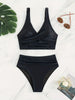 Bikini Solid Black Twist Front High Waist 2 Piece Swimsuit for Women – Stretchy V Neck Bikini Set with Ruched Tummy Control and Cross Strape Detail – Quick Drying Polyamide Swimwear for Beachwear Poolside and Summer Travel by Stevvex