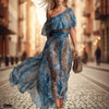 Peacock Blue Leopard Print Chiffon Off-Shoulder Dress – Boho A-Line by FitiqueFit