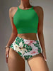 Island Bloom High Waist Bikini Set for Summer – Colorblock Tropical Print Two-Piece Swimsuit with Round Neckline Ultra-Stretch Fit & Applique Detail – Stylish and Comfortable Women’s Swimwear for Pool Beach & Summer Escapes by Stevvex