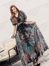 Puff Sleeves V-Neck Floral Dress, Long And Big Swing, Over-The-Knee Seaside Vacation