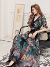 Puff Sleeves V-Neck Floral Dress, Long And Big Swing, Over-The-Knee Seaside Vacation