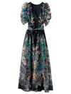 Puff Sleeves V-Neck Floral Dress, Long And Big Swing, Over-The-Knee Seaside Vacation
