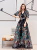 Puff Sleeves V-Neck Floral Dress, Long And Big Swing, Over-The-Knee Seaside Vacation