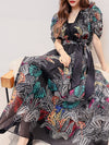 Puff Sleeves V-Neck Floral Dress, Long And Big Swing, Over-The-Knee Seaside Vacation