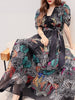 Puff Sleeves V-Neck Floral Dress, Long And Big Swing, Over-The-Knee Seaside Vacation