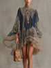 Navy Blue Printed Puff Sleeve Stand Collar Dress – Loose Boho Asymmetric Hem Dress for Women by FitiqueFit