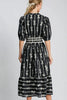 Bow Tie Print Notched Contrast Velvet Trim Midi Dress–Elegant Bow Tie Print, Modern Notched Neckline, Luxurious Velvet Trim, Sophisticated Midi Dress for Special Events by Stevvex