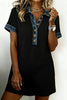Black Waffle Knit Denim Contrast Trim Patchwork Button Polo Tee Dress by Wild and Free Boutique