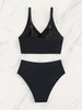 Bikini Solid Black Twist Front High Waist 2 Piece Swimsuit for Women – Stretchy V Neck Bikini Set with Ruched Tummy Control and Cross Strape Detail – Quick Drying Polyamide Swimwear for Beachwear Poolside and Summer Travel by Stevvex