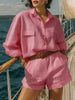 Cotton-Linen Loose-Fit Button-Down Shirt and Shorts Casual Set by FitiqueFit