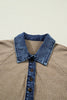 Beige Ribbed Knit Denim Patchwork Button Polo Collar Cuffed Long Sleeve Top by Wild and Free Boutique