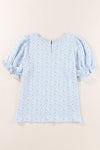 Light Blue Boho Floral Print Smocked Puff Sleeve Blouse